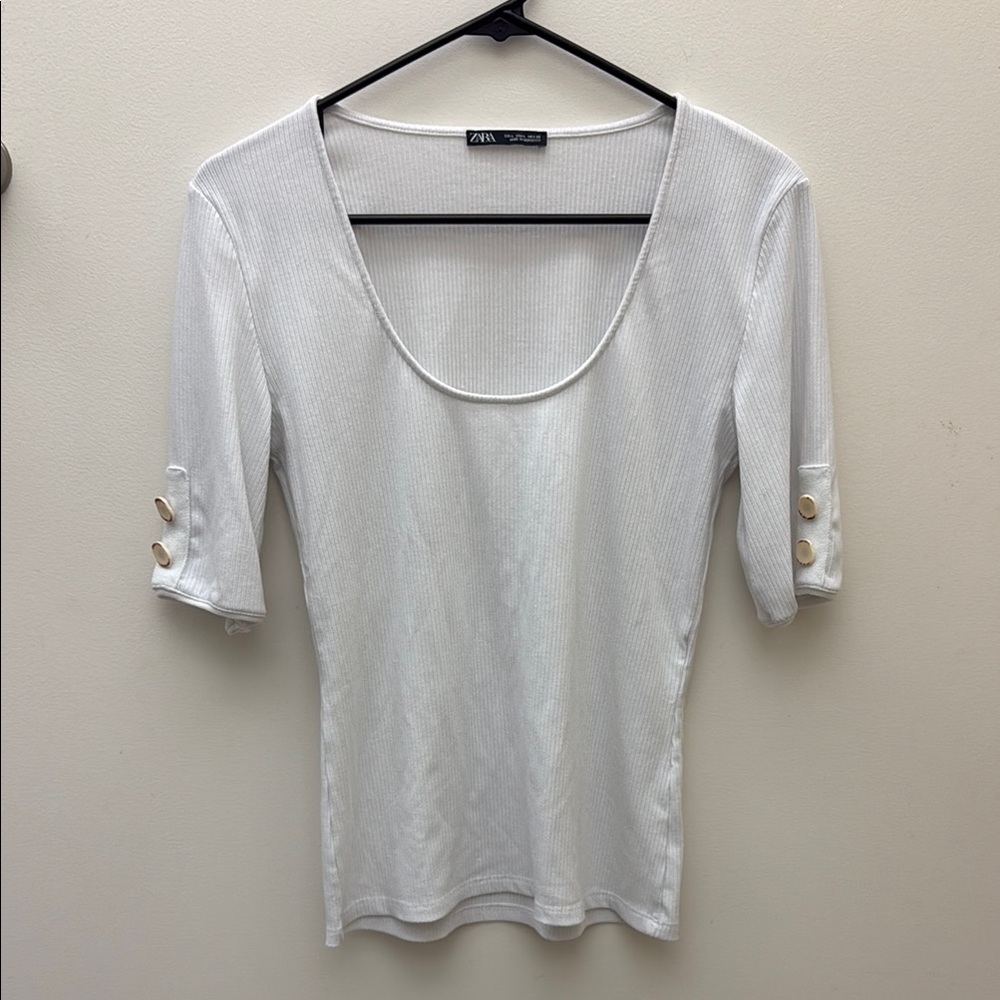 Zara White Fitted 3/4 Sleeve Blouse